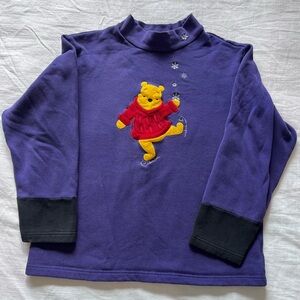 VTG 90s Disney Store Winnie The Pooh Ice Skating Embroidered Mock Neck Purple